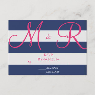 Navy Blue and Pink Stripe RSVP Card