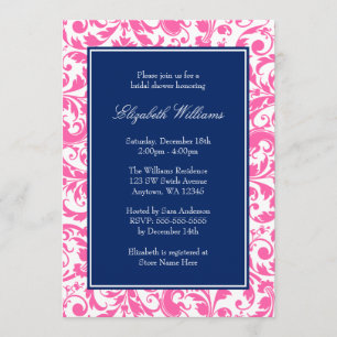 Navy Blue and Pink Swirls Damask Bridal Shower Invitation