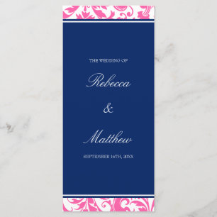 Navy Blue and Pink Swirls Damask Wedding Program