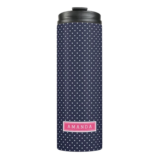 Navy Blue and Pink Tiny Dots Monogram Thermal Tumbler (Front)