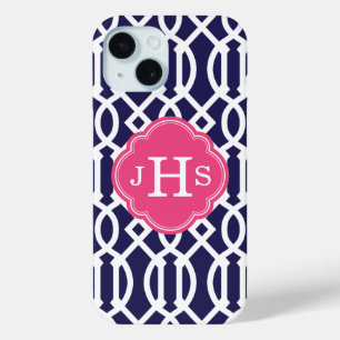 Navy Blue and Pink Trellis Monogram iPhone 15 Case