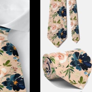 Navy Blue and Pink Watercolor Floral Roses  Neck T Tie