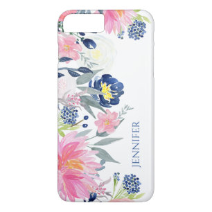 Navy Blue and Pink Watercolor Flowers iPhone 8 Plus/7 Plus Case