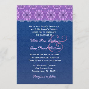 Navy Blue and Purple Flower Lace Wedding F329 Invitation