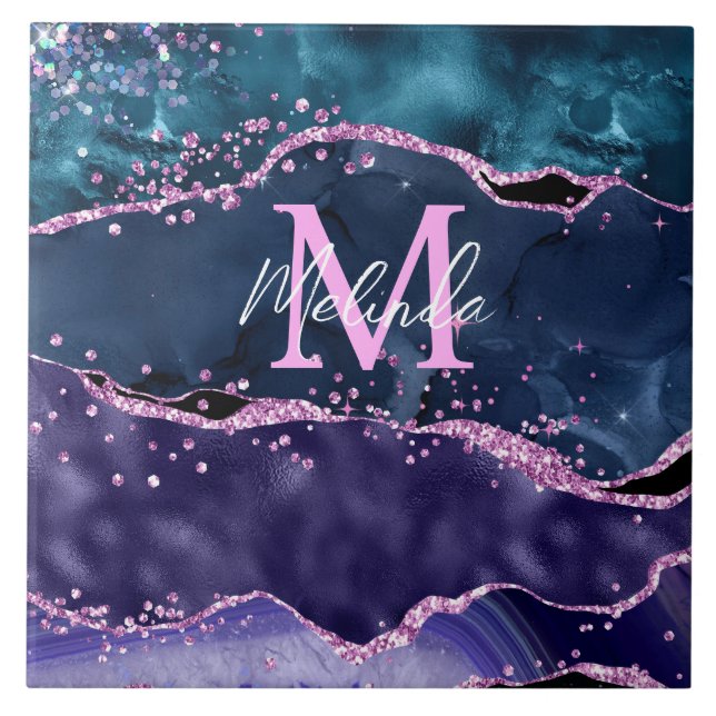 Navy Blue and Purple Glitter Ocean Agate Ceramic Tile (Front)