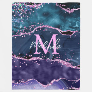 Navy Blue and Purple Glitter Ocean Agate Fleece Blanket