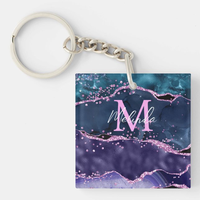 Navy Blue and Purple Glitter Ocean Agate Key Ring (Front)