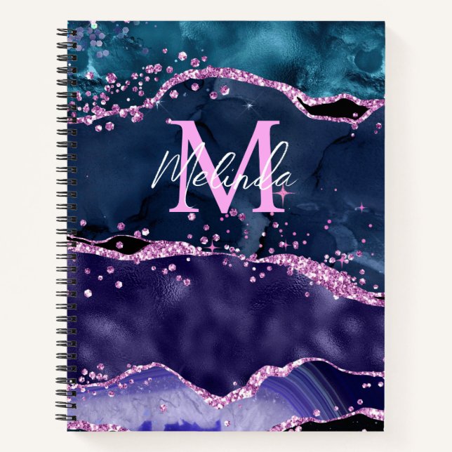 Navy Blue and Purple Glitter Ocean Agate Notebook (Front)