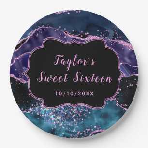 Navy Blue and Purple Ocean Agate Sweet Sixteen Paper Plate