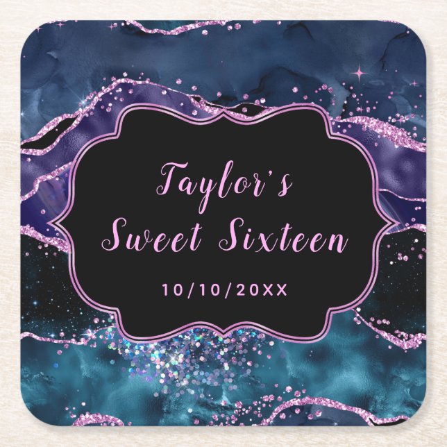 Navy Blue and Purple Ocean Agate Sweet Sixteen Square Paper Coaster (Front)