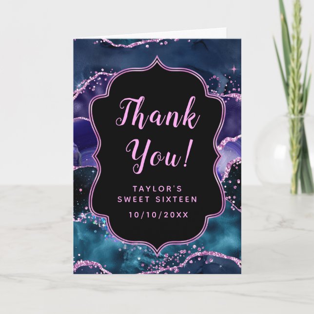 Navy Blue and Purple Ocean Agate Sweet Sixteen Thank You Card (Front)