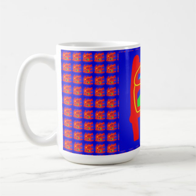 Navy blue and red abstact patterns glowing brite coffee mug (Left)