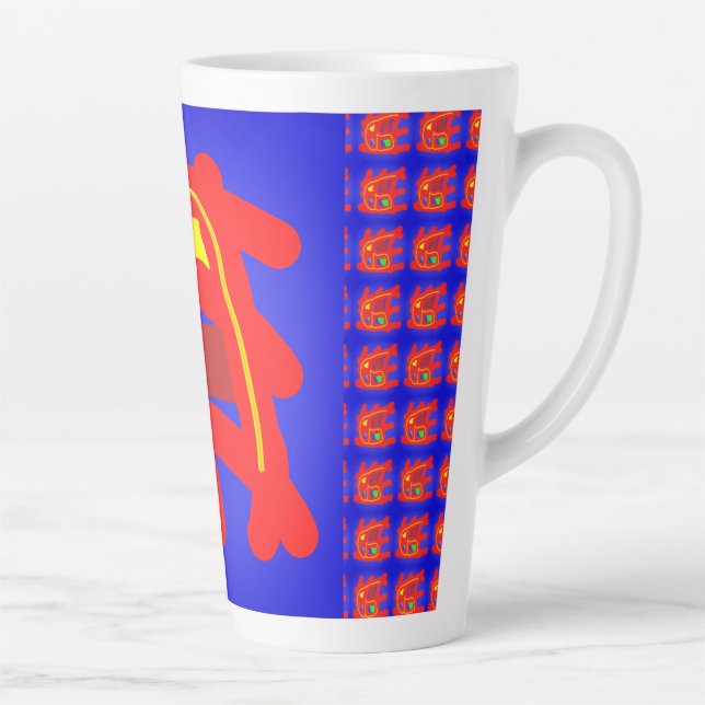 Navy blue and red abstact patterns glowing brite latte mug (Right)