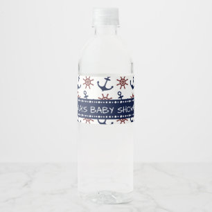 Navy Blue and red Anchor rudder pattern Nautical Water Bottle Label