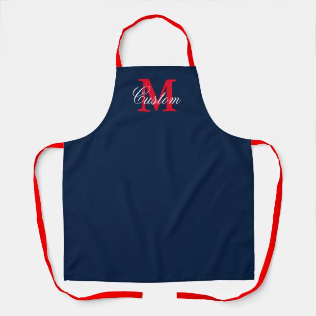 Navy blue and red custom name monogram kitchen apron (Front)