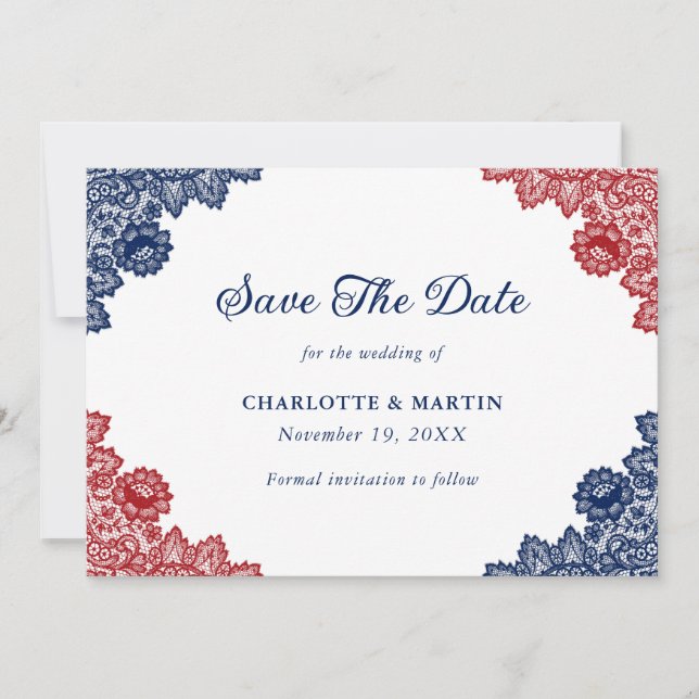 Navy Blue and Red Floral Lace Wedding Save The Date (Front)