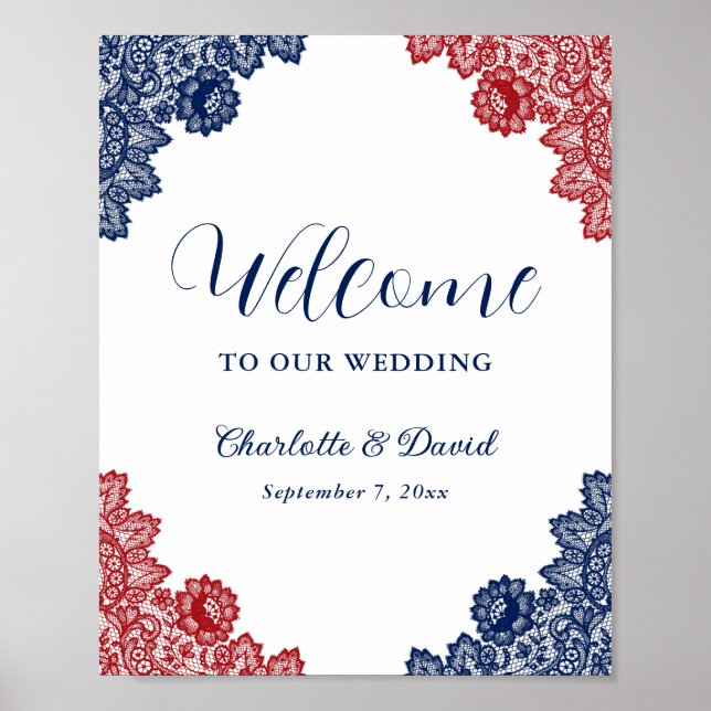 Navy Blue and Red Floral Lace Wedding Welcome Sign (Front)