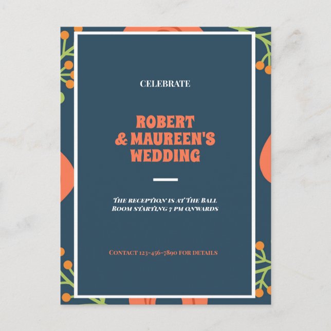 Navy blue and red floral  wedding reception  invitation postcard (Front)