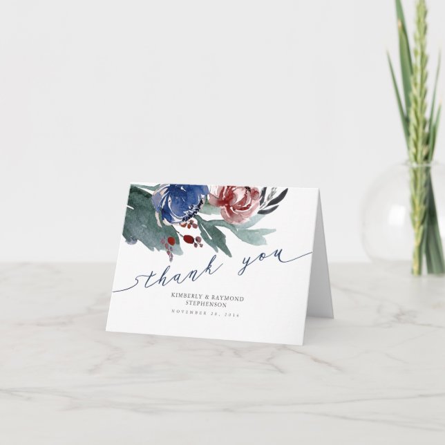 Navy Blue and Red Floral Wreath Wedding Thank You Card (Front)