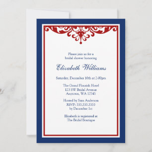 Navy Blue and Red Flourish Bridal Shower Invitation