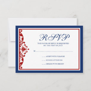 Navy Blue and Red Flourish RSVP Card