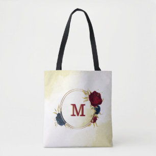 navy blue and red flowers gold tote bag