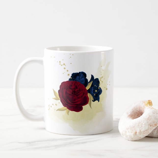  navy blue and red flowers greenery  coffee mug (With Donut)