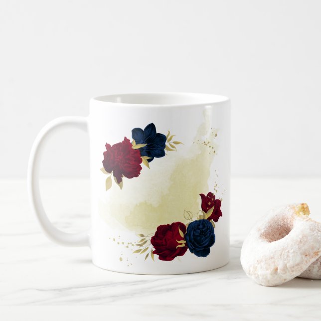 navy blue and red flowers greenery  coffee mug (With Donut)