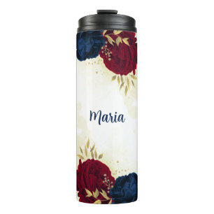 navy blue and red flowers greenery thermal tumbler