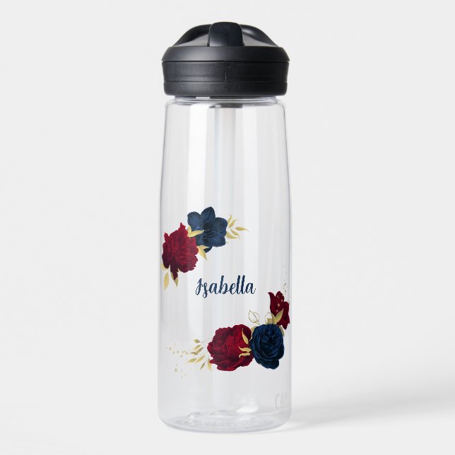  navy blue and red flowers greenery  water bottle (Front)