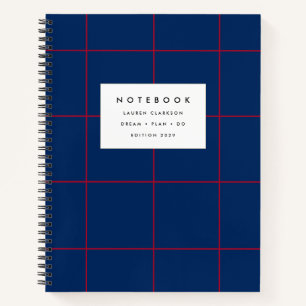 Navy Blue and Red Grid Notebook