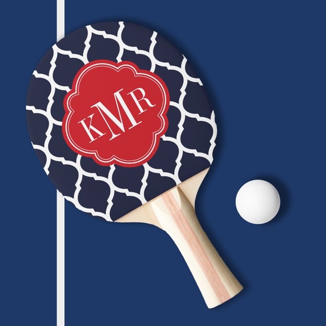 Navy Blue and Red Moroccan Quatrefoil Monogram Ping Pong Paddle (Creator Uploaded)