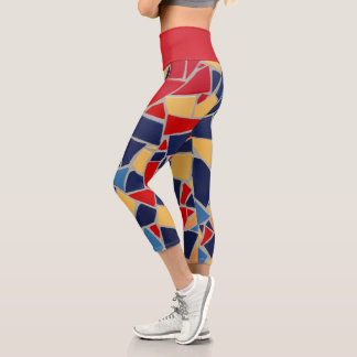 Navy Blue and Red Mosaic Capri Leggings