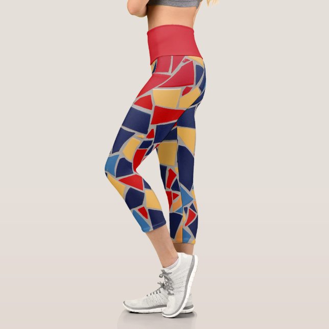 Navy Blue and Red Mosaic Capri Leggings (Left)