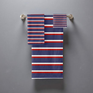 Navy Blue and Red Nautical Stripes Pattern Stylish Bath Towel Set