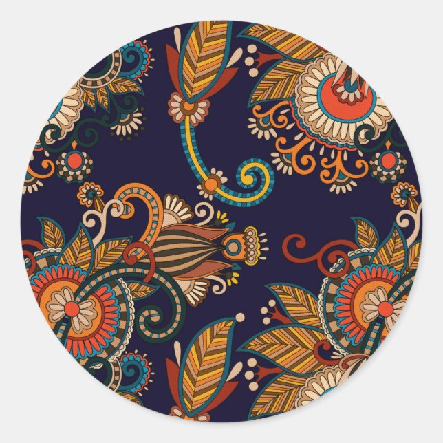 Navy Blue and Red Paisley Pattern Classic Round Sticker (Front)