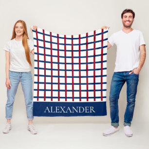 Navy Blue and Red Plaid on White Personalised Fleece Blanket
