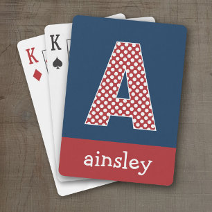 Navy Blue and Red Polka Dots Custom Monogram Playing Cards