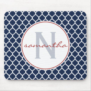 Navy Blue and Red Quatrefoil Monogram Mouse Pad