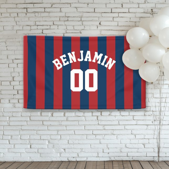 Navy Blue and Red Rugby Stripes Name Number Banner (Custom Birthday or Room Decor Banner)