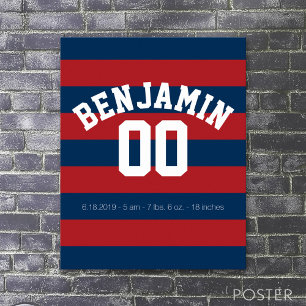 Navy Blue and Red Rugby Stripes Name Number Poster