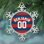 Navy Blue and Red Rugby Stripes Name Number Snowflake Pewter Christmas Ornament<br><div class="desc">A personalised sporty and manly pattern for the guys and boys in your family.This sports design is perfect for any athlete playing soccer or baseball. A bold and modern design with an area for customised text or monogram. If you need to adjust the artwork or change the font, you can...</div>