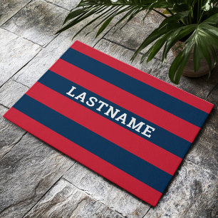 Navy Blue and Red Rugby Stripes with Custom Name Doormat