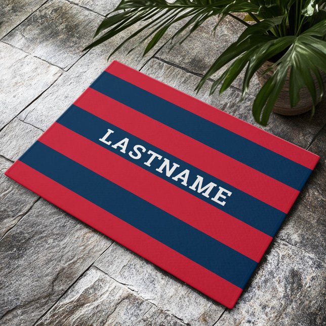 Navy Blue and Red Rugby Stripes with Custom Name Doormat (Custom Welcome Mat)