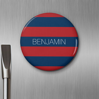 Navy Blue and Red Rugby Stripes with Custom Name Magnet