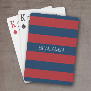 Navy Blue and Red Rugby Stripes with Custom Name Playing Cards