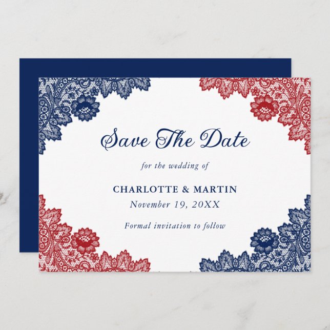 Navy Blue and Red Rustic Floral Lace Wedding Save The Date (Front/Back)