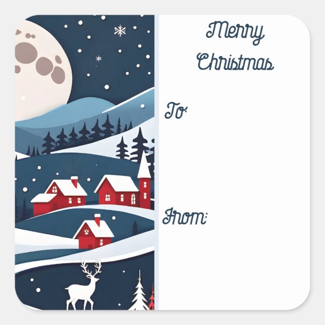 Navy Blue and Red Snow Landscape Christmas Square Sticker (Front)