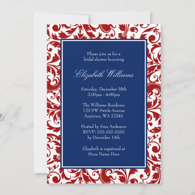 Navy Blue and Red Swirls Damask Bridal Shower Invitation (Front)
