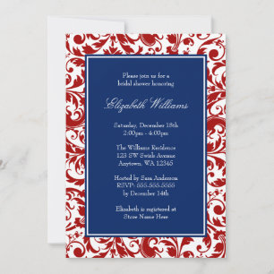 Navy Blue and Red Swirls Damask Bridal Shower Invitation